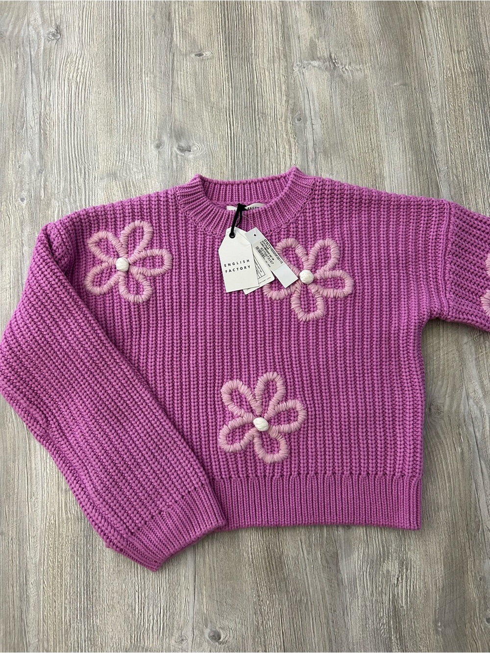 English Factory Pink Flower Embroidery Chunky Knit Sweater Top Size M